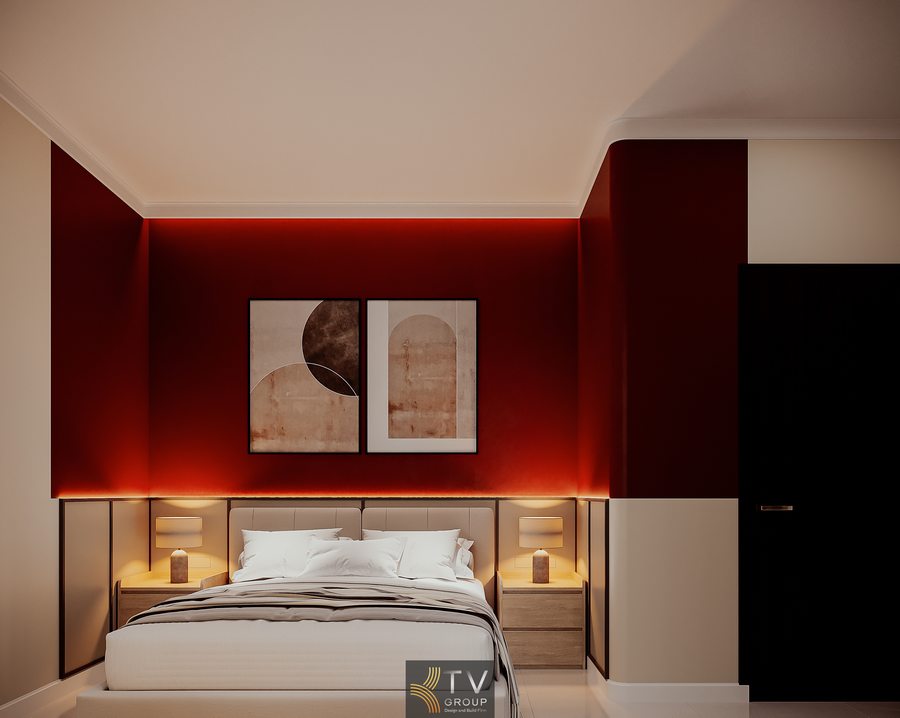 thiết kế phòng khách sạn hiện đại với tường đỏ và ánh sáng LED tạo không gian nổi bật 