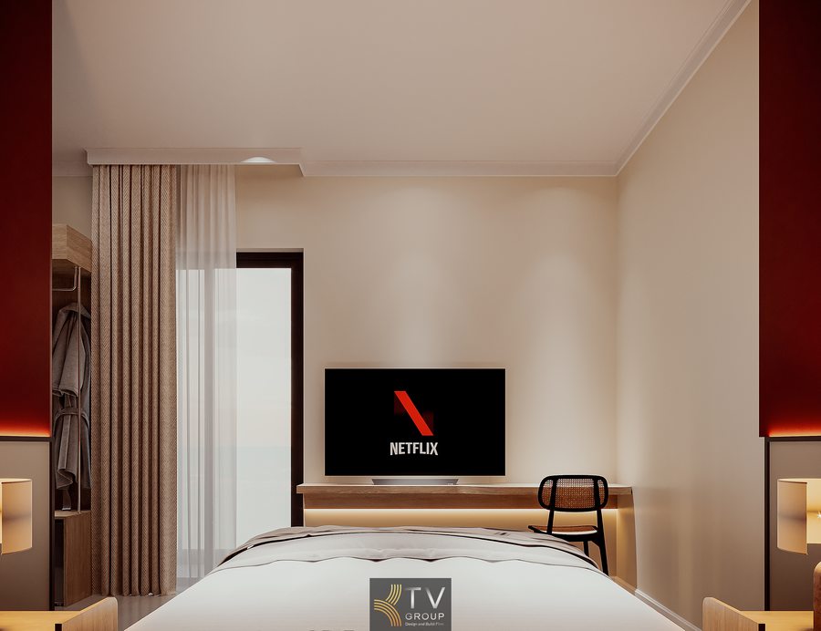 thiết kế phòng khách sạn 2 giường với nội thất sáng màu và ánh sáng ấm