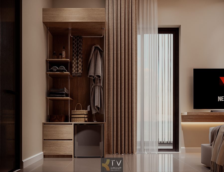 phòng khách sạn hiện đại tối giản với bố cục 2 giường tiện nghi nội thất khách sạn đẹp với tone màu be nhẹ nhàng 