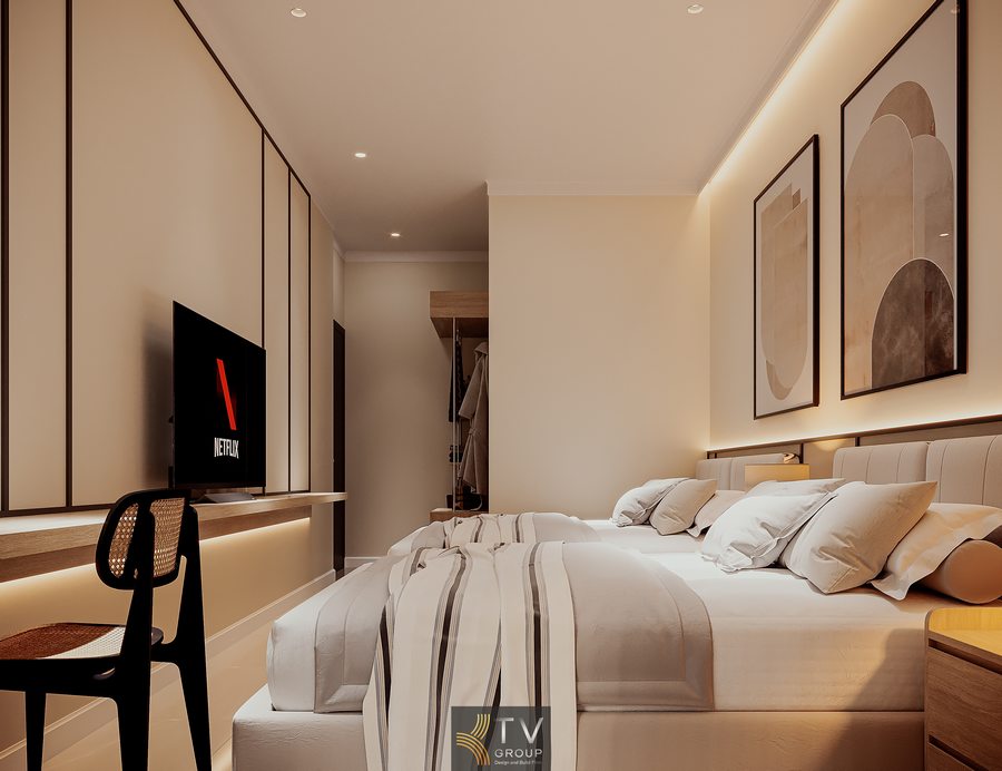 thiết kế phòng khách sạn nhỏ tối ưu diện tích và công năng không gian khách sạn hiện đại với ánh sáng LED tinh tế 