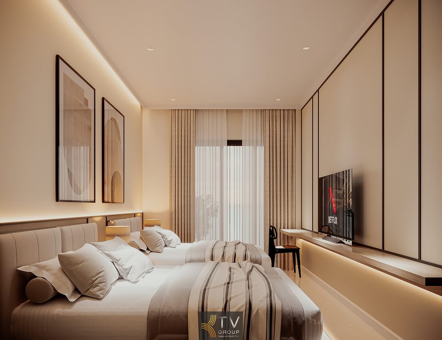 phòng khách sạn 2 giường phù hợp khách gia đình thiết kế nội thất khách sạn tối giản dễ vận hành 