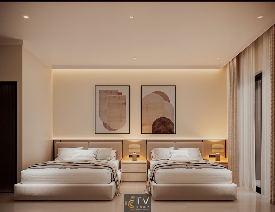 phòng khách sạn sáng màu tạo cảm giác rộng rãi nội thất khách sạn hiện đại với bố cục khoa học 