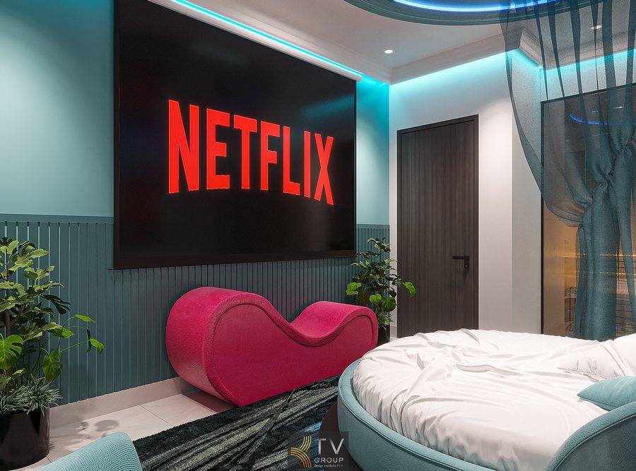 phòng khách sạn hiện đại với ánh sáng vàng và rèm hai lớp tạo không gian ấm áp 