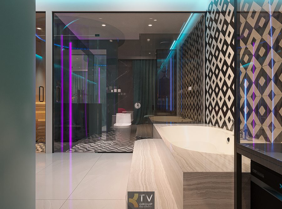 thiết kế nội thất phòng nghỉ tối giản với giường lớn và ánh sáng dịu nhẹ 