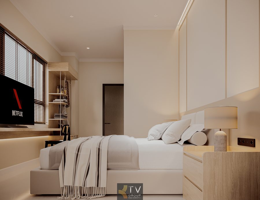 Thiết kế phòng khách sạn tối giản với giường bọc nệm và bố cục gọn gàng Không gian phòng khách sạn hiện đại với ánh sáng LED và nội thất tinh giản