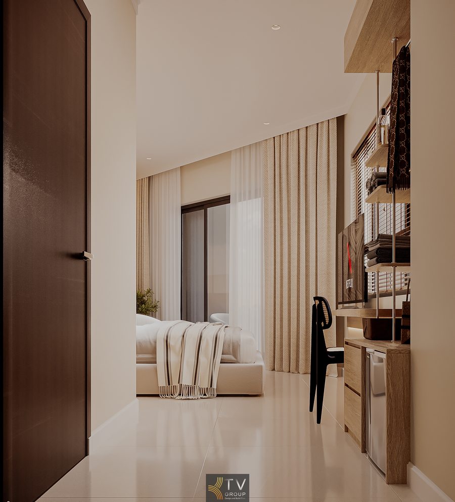 Phòng khách sạn phong cách ấm áp với cửa sổ lớn và ánh sáng tự nhiên Thiết kế phòng khách sạn nhỏ gọn với nội thất gỗ và màu sắc nhẹ nhàng Không gian lưu trú hiện đại với giường trung tâm và ánh sáng gián tiếp