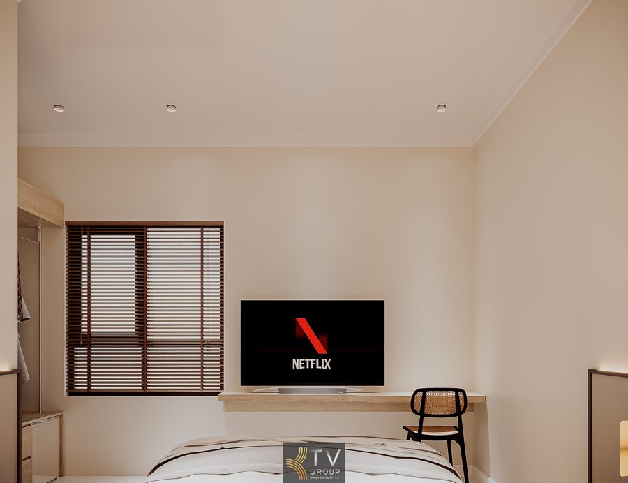 Phòng khách sạn hiện đại với nội thất đơn giản, ánh sáng ấm và bố trí hợp lý giúp nâng cao trải nghiệm lưu trú