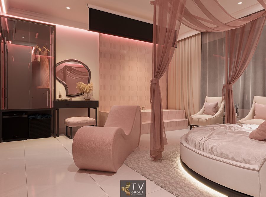 Thiết kế thi công phòng khách sạn chủ đề tình yêu với bàn trang điểm và sofa thư giãn hiện đại Nội thất love hotel giường tròn kết hợp ánh sáng LED và góc makeup sang trọng Phòng khách sạn romantic tone hồng với sofa cong và không gian mở tinh tế 