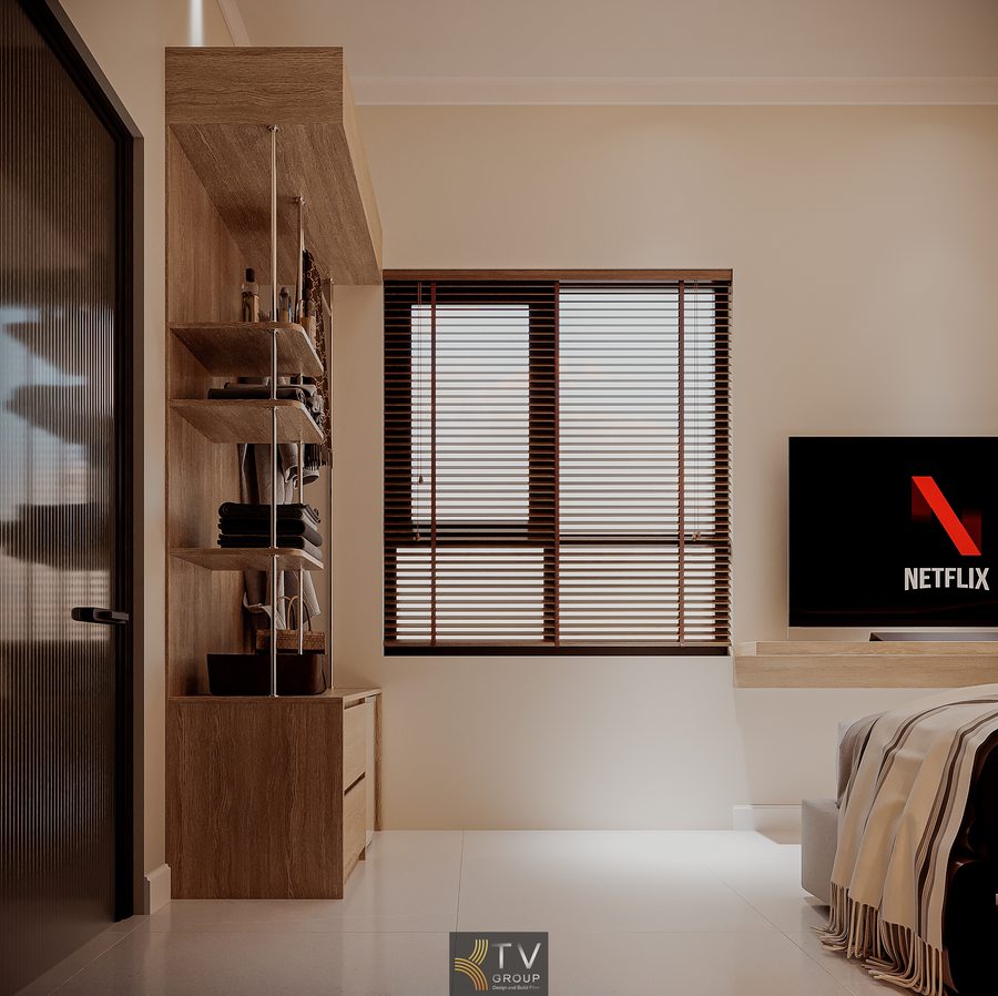 Không gian khách sạn phong cách minimal với vật liệu gỗ, ánh sáng nhẹ và nội thất tinh giản phù hợp vận hành lâu dài