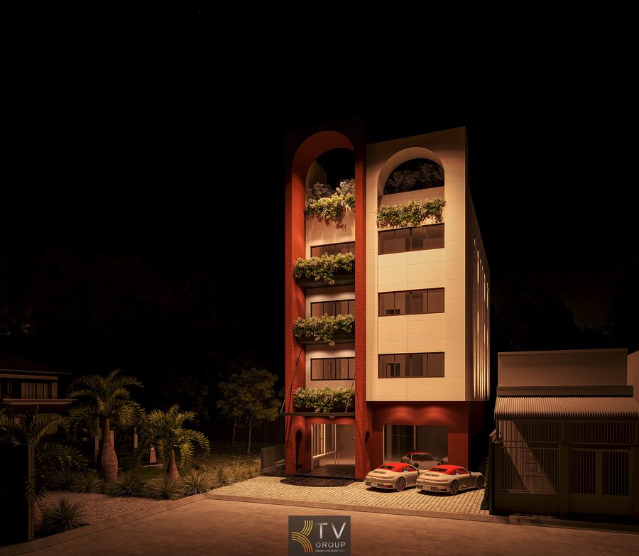 Khách sạn boutique với ánh sáng trang trí hiện đại Mặt tiền khách sạn ban đêm với hệ đèn chiếu sáng nghệ thuật