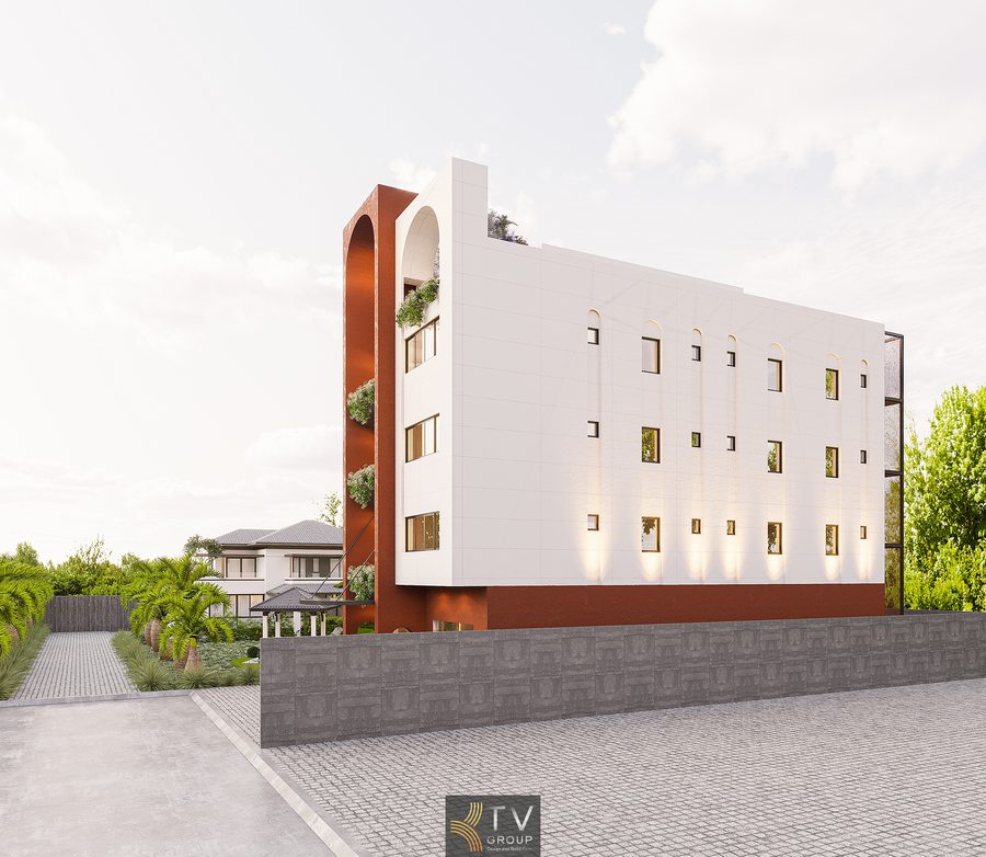 Mặt tiền khách sạn với kiến trúc vòm và ban công cây xanh nổi bật