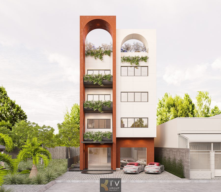 Công trình khách sạn với hình khối đơn giản và cây xanh trang trí