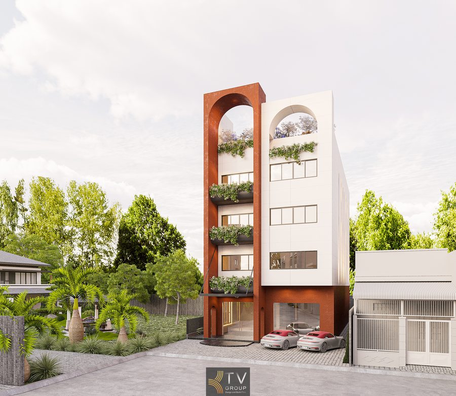 Mặt tiền khách sạn ban ngày với kiến trúc vòm độc đáo