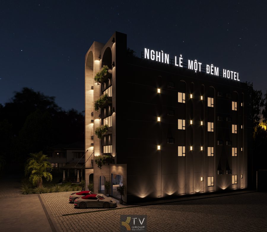 Thiết kế khách sạn Modern Romantic với hệ đèn facade tạo hiệu ứng ánh sáng nổi bật, giúp công trình thu hút ánh nhìn ngay cả trong điều kiện ban đêm 