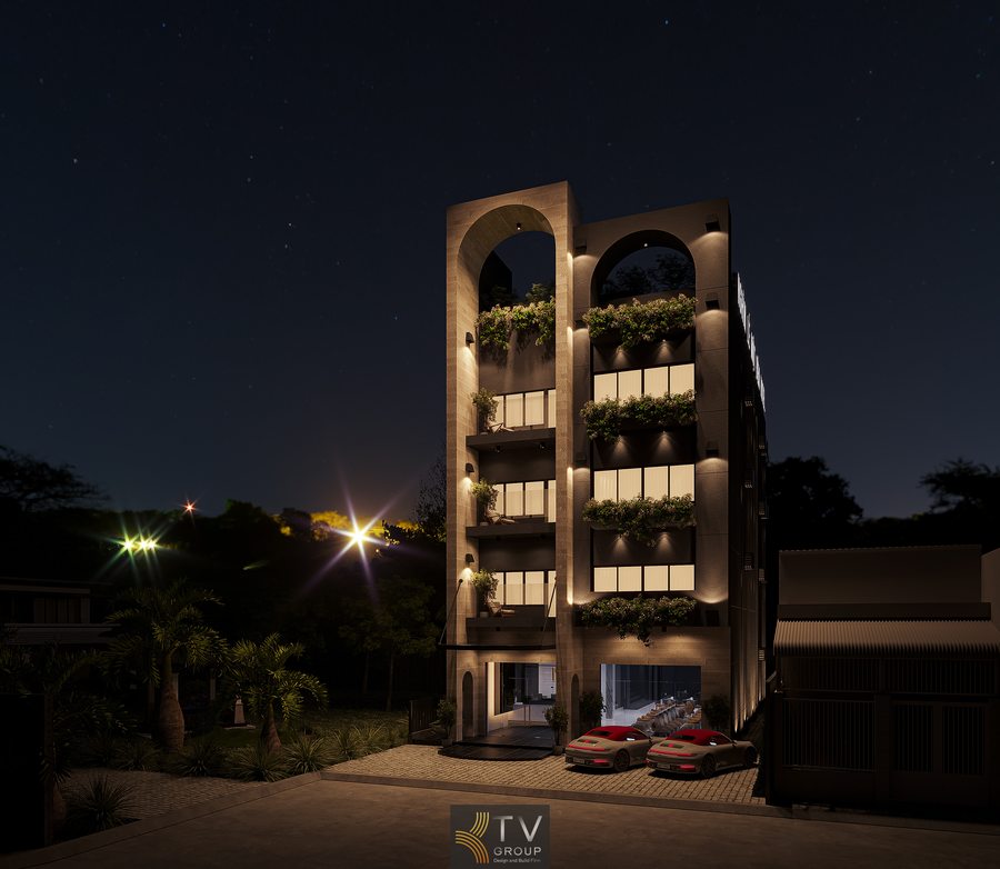 Khách sạn boutique với ánh sáng trang trí hiện đại Mặt tiền khách sạn đô thị với ánh sáng ban đêm 