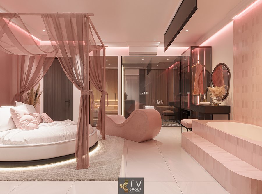 Thiết kế thi công phòng khách sạn chủ đề tình yêu giường tròn bồn tắm và sofa cong hiện đại Nội thất love hotel không gian mở với ánh sáng LED và tone hồng lãng mạn Phòng khách sạn romantic cao cấp với giường tròn canopy và bố cục mở tinh tế