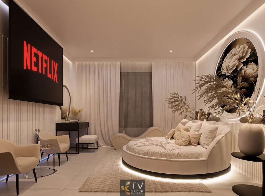 Phòng khách sạn hiện đại với giường tròn bọc nệm, ánh sáng LED ấm, nội thất tinh giản và không gian sang trọng phù hợp mô hình lưu trú trải nghiệm cao cấp 