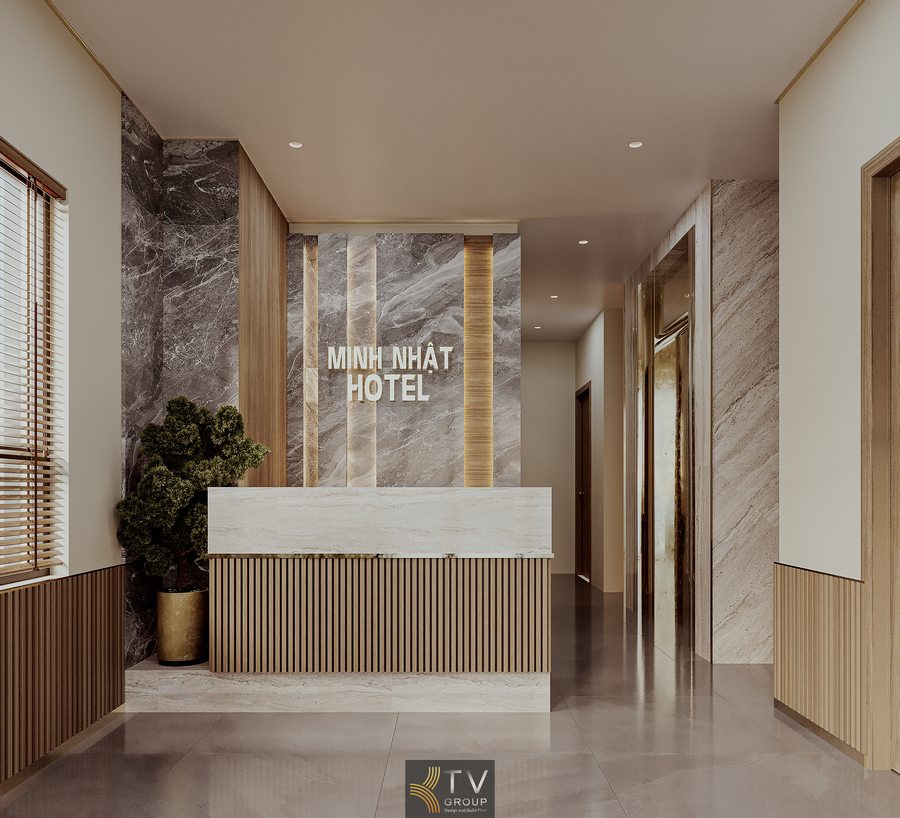 Khu tiếp tân khách sạn với ánh sáng tự nhiên và không gian rộng tạo cảm giác thoải mái
