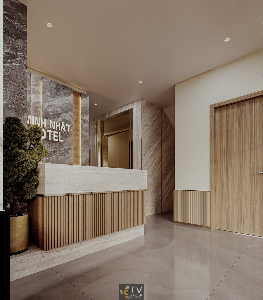 Thiết kế tiếp tân khách sạn hiện đại với trần cao và nội thất đơn giản