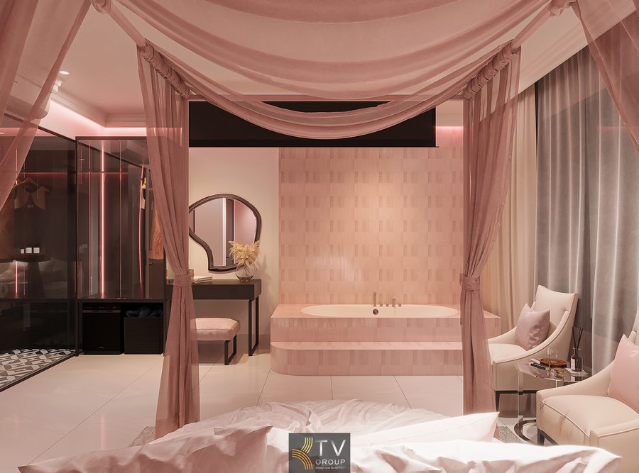 Thi công phòng khách sạn hiện đại với rèm mềm, ánh sáng gián tiếp và bố cục không gian mở tối ưu trải nghiệm