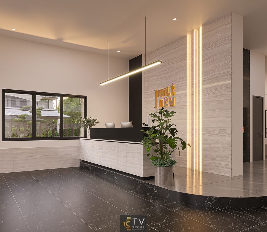 Thiết kế tiếp tân khách sạn hiện đại với trần cao và nội thất đơn giản Không gian lễ tân khách sạn với cửa sổ lớn và ánh sáng tự nhiên