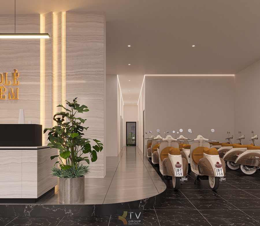 Khu vực tiếp tân khách sạn với thiết kế tối giản và thông thoáng Thiết kế sảnh khách sạn sáng với nội thất gọn gàng