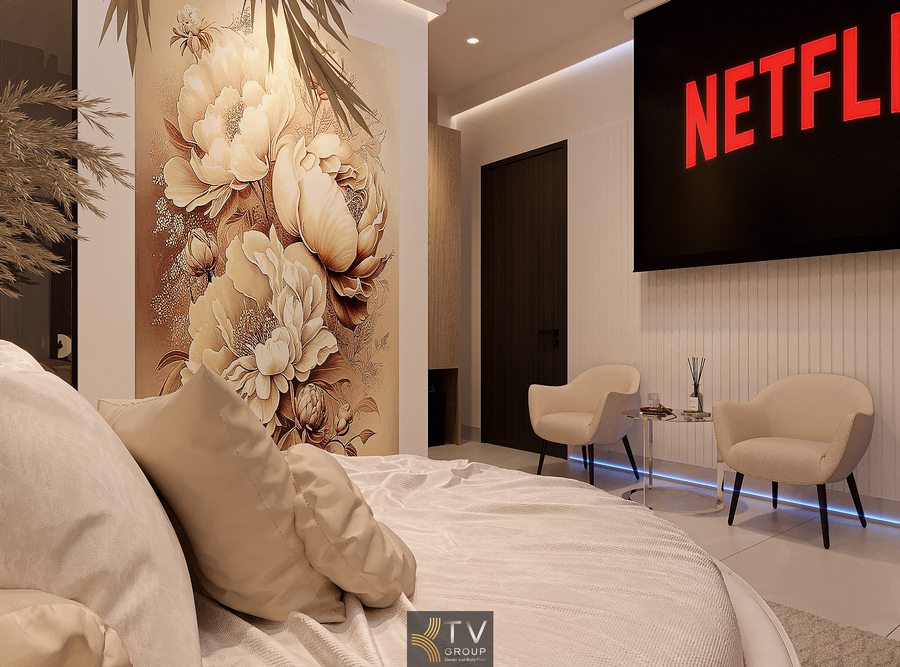 Không gian phòng khách sạn phong cách tối giản với nội thất mềm mại, ánh sáng gián tiếp và tông màu trung tính tạo cảm giác thư giãn và riêng tư 