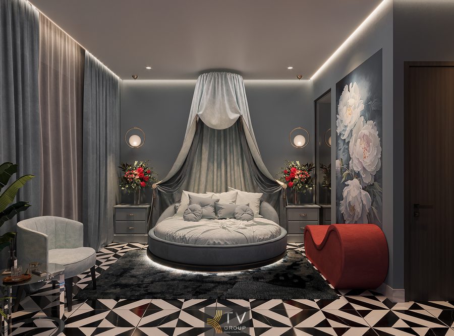 Phòng khách sạn romantic hiện đại với giường cong và ánh sáng LED