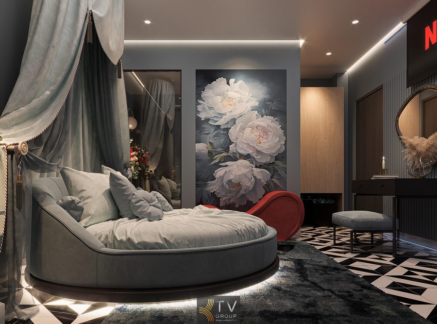 Nội thất khách sạn cao cấp với tranh hoa nghệ thuật lớn