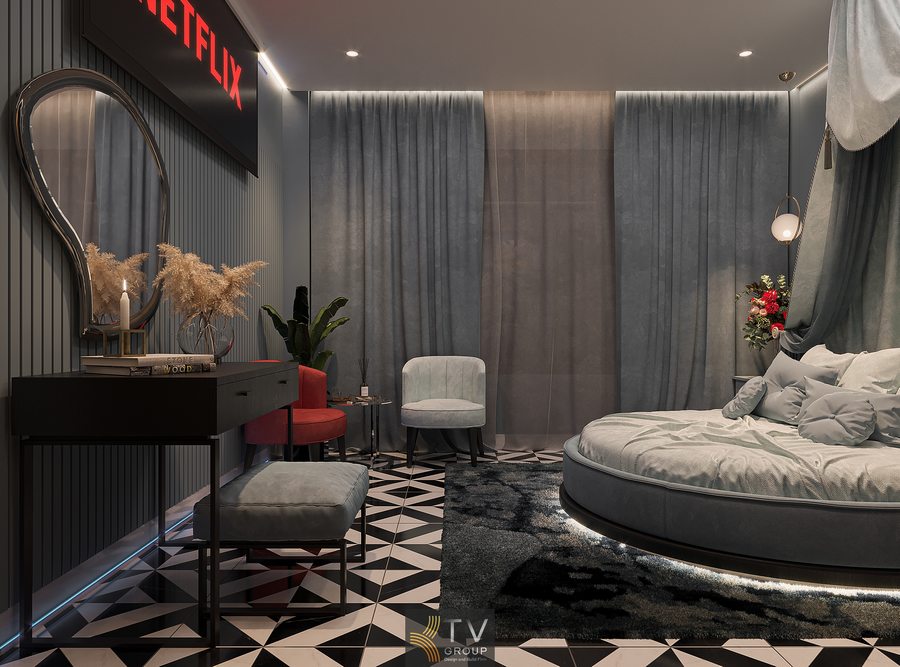 Thiết kế phòng ngủ khách sạn màu xám xanh tinh tế