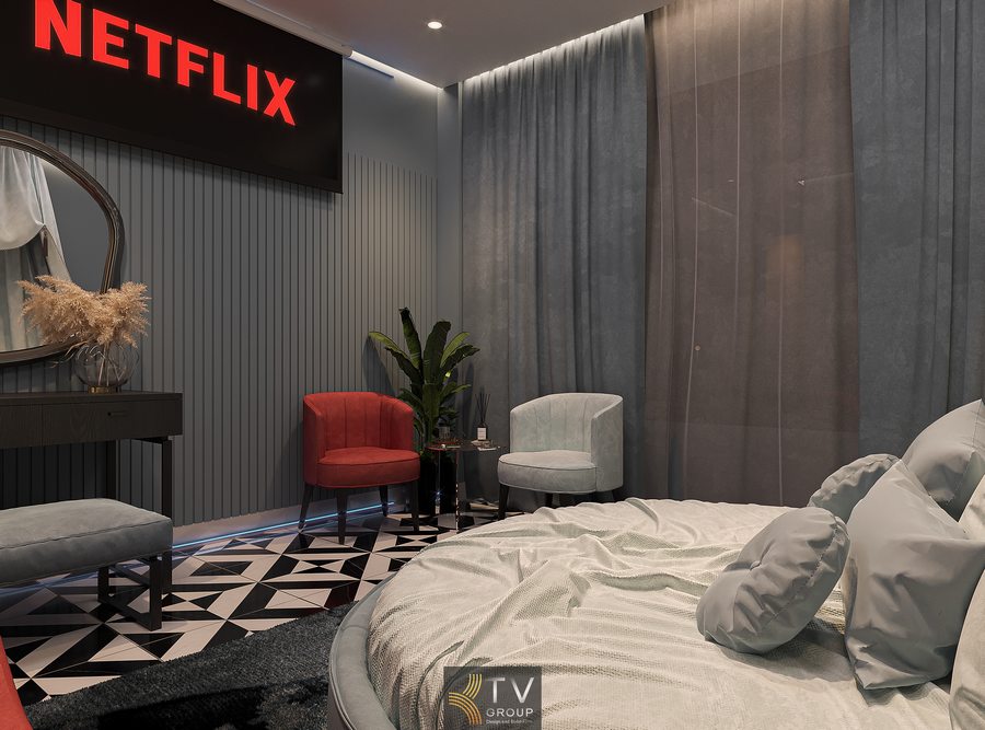 Không gian khách sạn hiện đại với giường tròn mềm mại