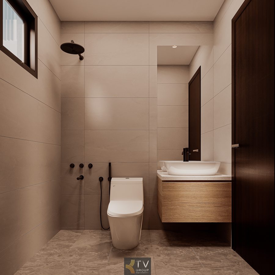 thiết kế phòng tắm khách sạn hiện đại với lavabo đơn và vật liệu đá sáng màu tạo không gian sạch sẽ tinh tế