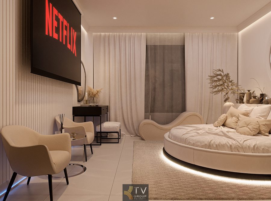 Phòng khách sạn cao cấp với bố trí khoa học, nội thất tinh chỉnh và ánh sáng ấm giúp tối ưu công năng và tăng trải nghiệm người dùng 