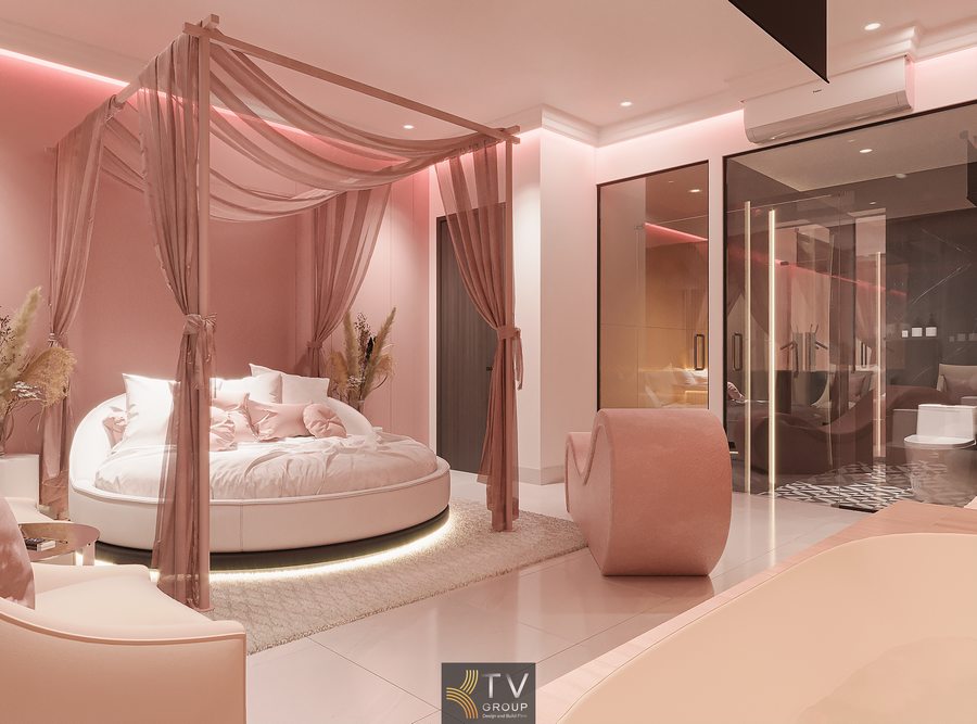 Thiết kế thi công phòng khách sạn chủ đề tình yêu giường tròn canopy phòng tắm kính hiện đại 