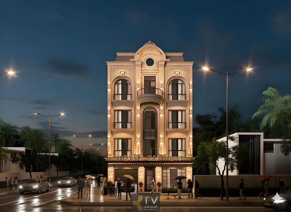 Mặt tiền khách sạn tân cổ điển với ánh sáng vàng nổi bật