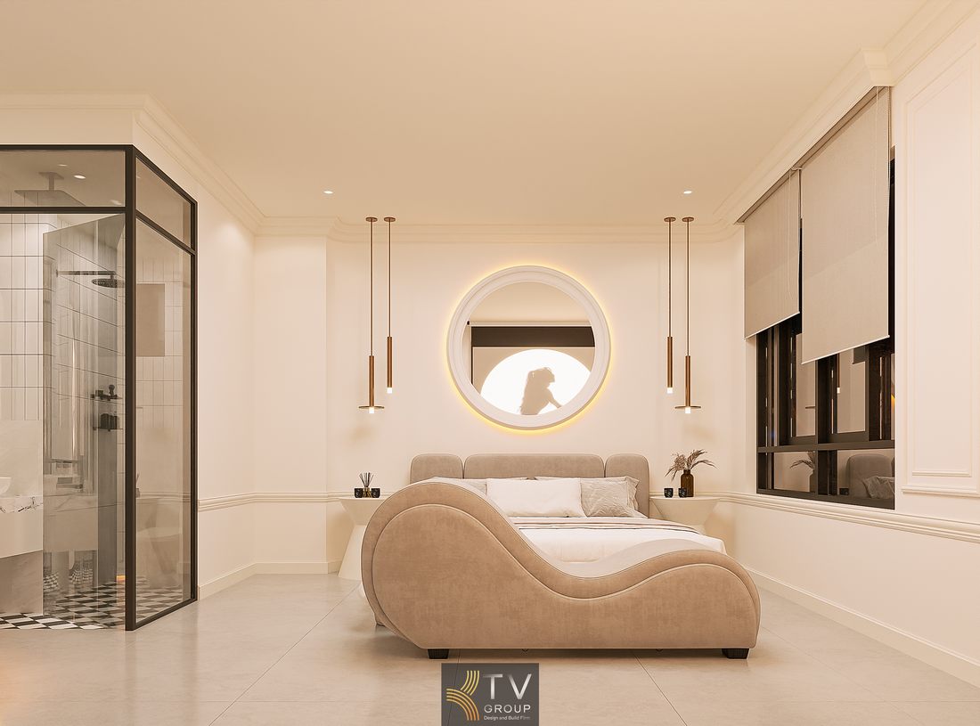 Thiết kế phòng khách sạn tối giản với giường cong và ánh sáng vòng tròn tạo điểm nhấn tinh tế 