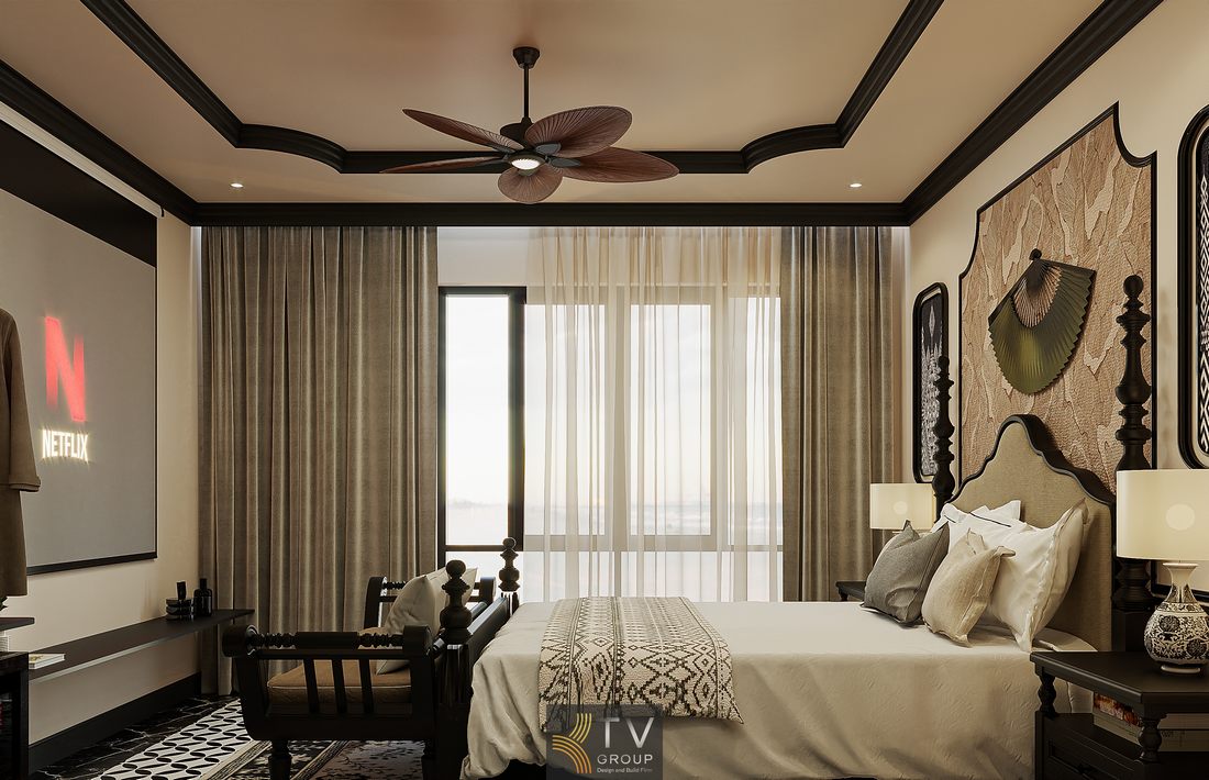 không gian phòng khách sạn hiện đại kết hợp trang trí tường sáng tạo và ánh sáng tinh tế tạo cảm giác ấm áp