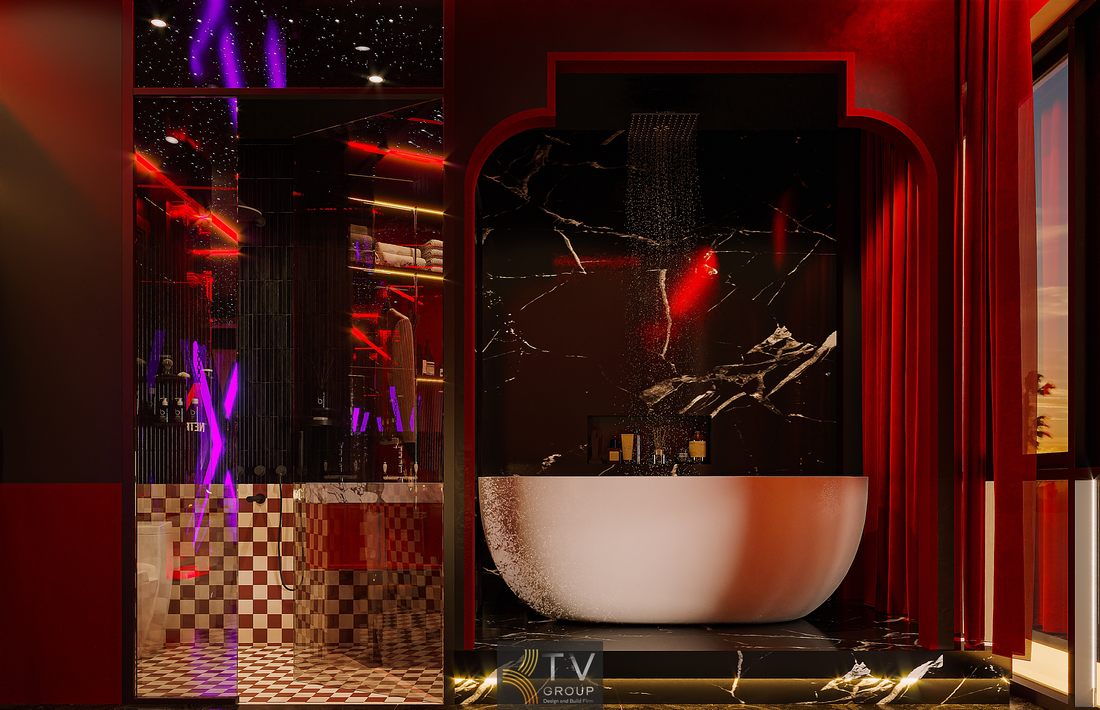 phòng khách sạn ánh sáng đỏ hiện đại trần sao khách sạn đẹp