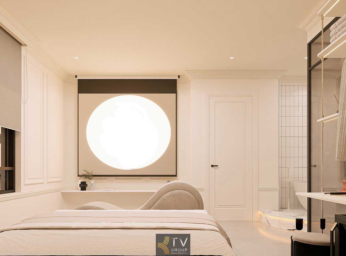 Nội thất phòng khách sạn hiện đại với kính phòng tắm và ánh sáng gián tiếp sang trọng 