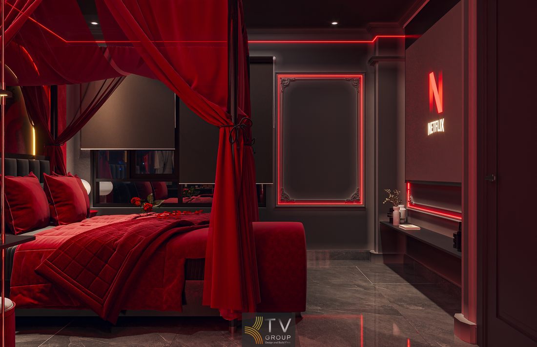 Thi công phòng khách sạn với hệ đèn LED và nội thất cao cấp, bố trí khoa học giúp không gian sang trọng và tối ưu trải nghiệm khách hàng