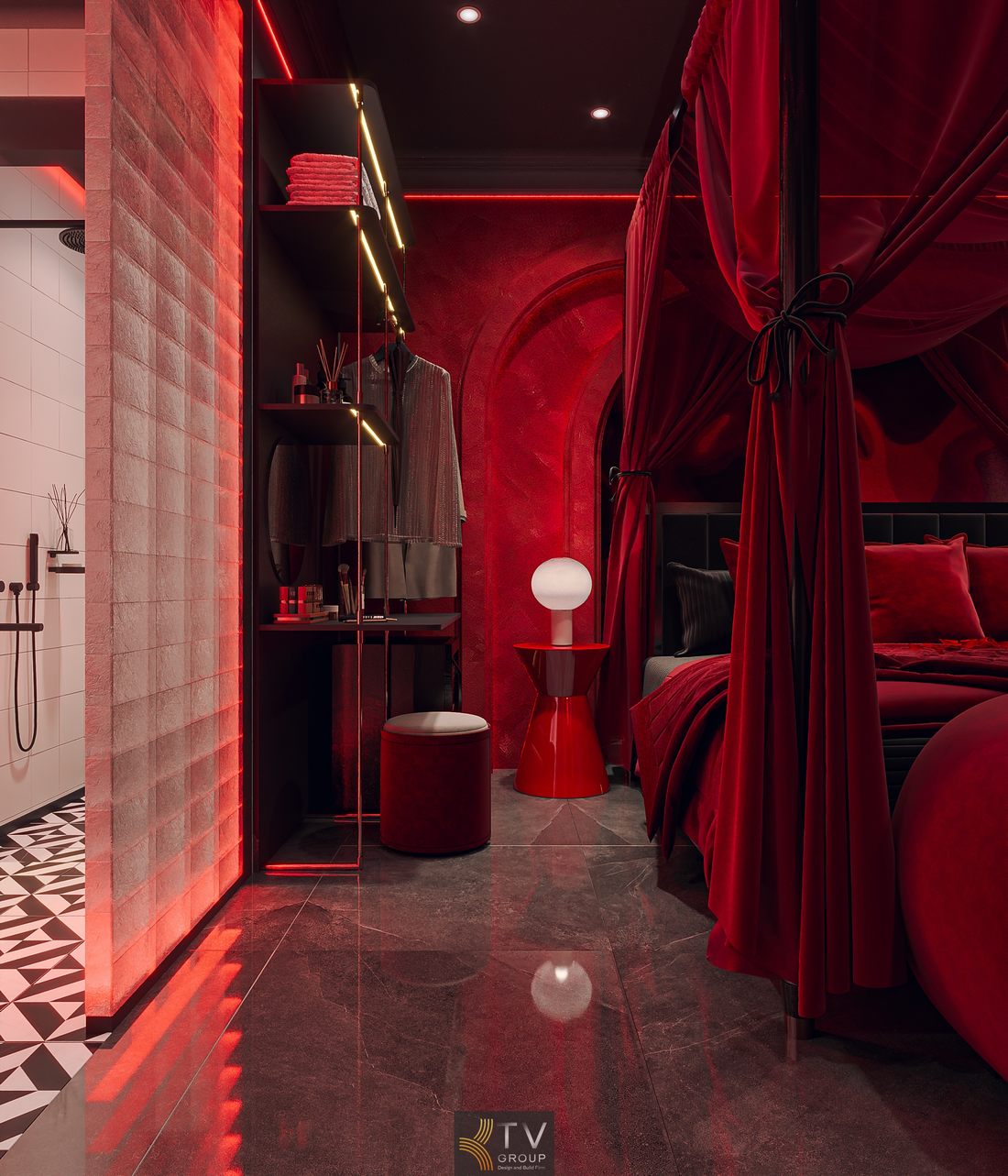 Thi công nội thất khách sạn với bố cục mở, giường nổi bật và hệ ánh sáng tinh tế, tạo điểm nhấn khác biệt trong không gian lưu trú