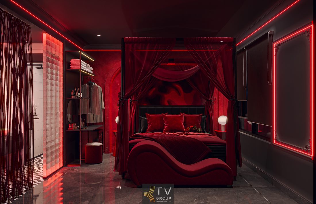 Thi công phòng khách sạn hiện đại với ánh sáng LED viền và vật liệu cao cấp, mang đến không gian sang trọng và phù hợp xu hướng mới