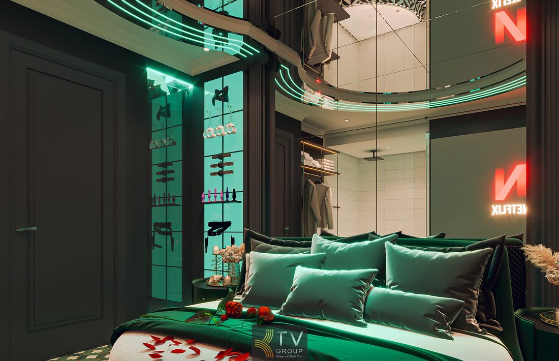 Thiết kế thi công phòng khách sạn ánh sáng xanh hiện đại, giường cong LED kết hợp màn hình giải trí lớn, tạo không gian nghỉ dưỡng riêng tư sang trọng và tối ưu hiệu suất kinh doanh.