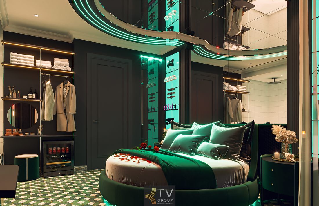 Thiết kế thi công phòng khách sạn concept cảm xúc với ánh sáng xanh dịu, giường cong và decor tinh tế, mang đến không gian nghỉ dưỡng nhẹ nhàng, riêng tư và dễ dàng thu hút khách.