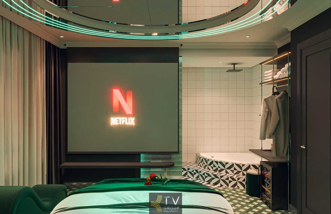 Thiết kế thi công phòng khách sạn tone xanh hiện đại, nội thất cao cấp và ánh sáng LED tạo điểm nhấn, giúp không gian trở nên sang trọng và tối ưu hiệu quả khai thác kinh doanh.