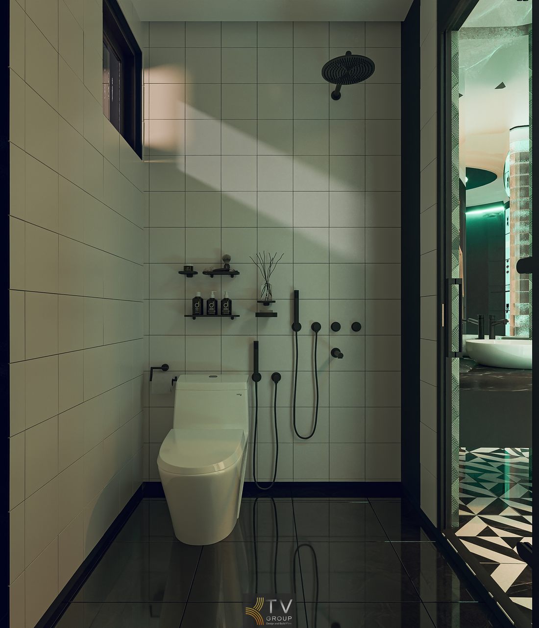 Không gian phòng tắm hiện đại với gam trắng – đen tối giản, điểm nhấn ánh sáng tự nhiên kết hợp thiết bị cao cấp mang lại trải nghiệm thư giãn tinh tế và sang trọng.