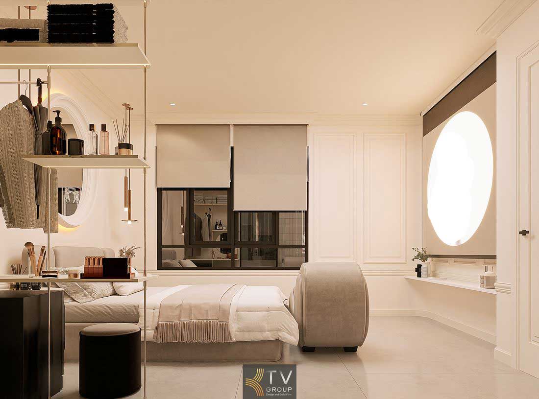 Thi công phòng khách sạn cao cấp với bố cục mở và nội thất mềm mại Phòng khách sạn đẹp với ánh sáng trần và đèn thả tinh tế 