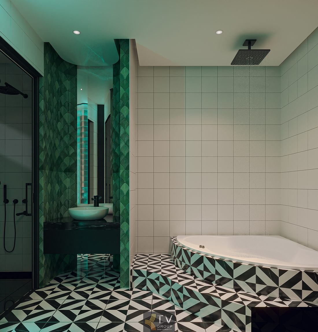 Thiết kế phòng tắm concept độc đáo với bồn tắm bo cong, gạch hình học ấn tượng và ánh sáng xanh tạo nên không gian trải nghiệm đầy cảm xúc.