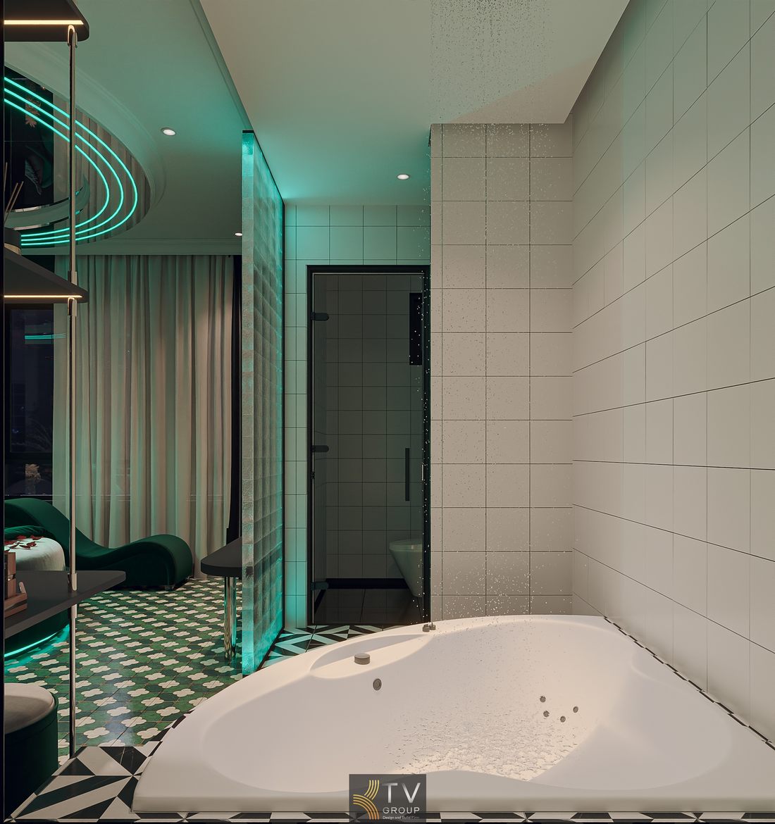 Sự kết hợp hoàn hảo giữa vật liệu, ánh sáng và bố cục giúp phòng tắm trở thành điểm nhấn nghệ thuật trong tổng thể thiết kế khách sạn cao cấp.