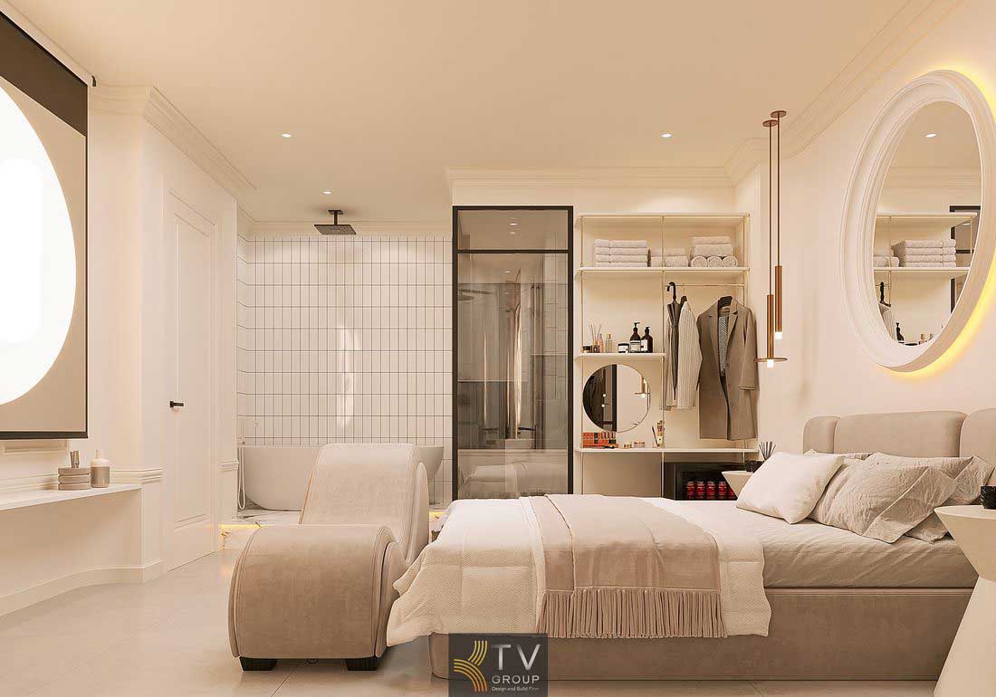 Thiết kế phòng khách sạn với vách kính và không gian thoáng rộng Nội thất phòng khách sạn với giường cong và hệ đèn LED hắt nhẹ 